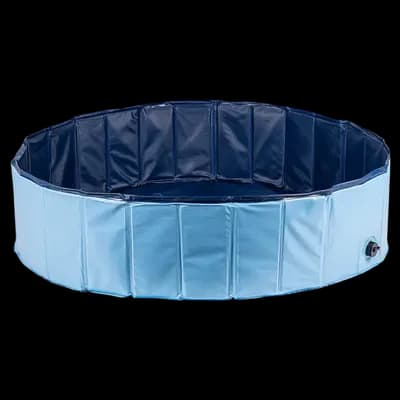 Thumbnail 400x400 for Piscina plegable para perros de PVC azul claro con interior azul marino, vista superior mostrando su forma redonda, paredes acolchadas con borde reforzado y válvula de drenaje metálica en el lateral